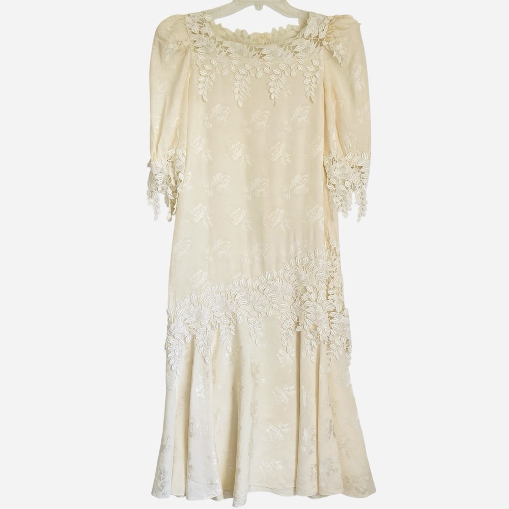 Vintage Capriccio by Digna Silk Mid Dress Sz 10 Ivory Crochet Victorian Wedding
